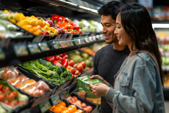 Couple shopping for fresh vegetables at a supermarket, smiling and selecting produce together