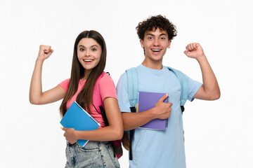 Happy overenjoyed winners high school pupils students teenagers classmates boy girl in casual with...