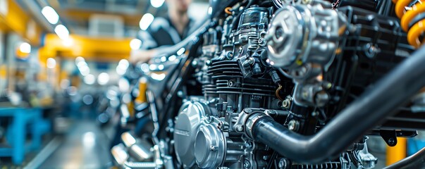 Obraz premium Mechanic working on a motorcycle engine, specialized workshop Detailed and skilled, precise and reliable, motorcycle repair