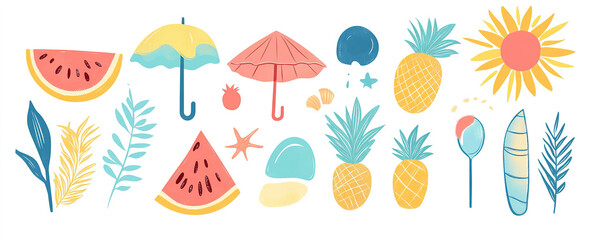 Beach Day Delights: Hand-Drawn Vector Art of Summer Elements, Ideal for Creating Trendy and Fun Visuals