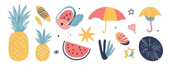 Beach Day Delights: Hand-Drawn Vector Art of Summer Elements, Ideal for Creating Trendy and Fun Visuals