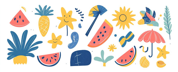 Obraz premium Sunset Dreams: Abstract Summer-Themed Vector Art with Hand-Drawn Symbols, Perfect for Modern Design Templates