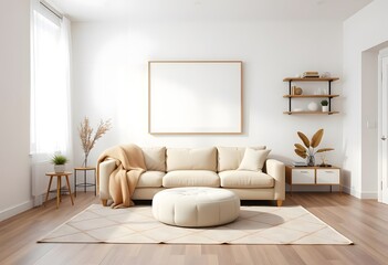 Interior of A minimalist living room with framed empty wall hanging and two white armchairs, a small side table,