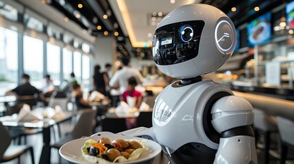 Fototapeta premium Service robot delivering food in a restaurant, hospitality environment Smart and efficient, innovative and practical, restaurant automation