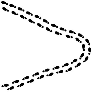 recommend clip art: Curved trail of black footprints on white background. Stylized shoe impressions form a sweeping path, suggesting movement or journey. Minimalist design with stark contrast and clean lines.
                    