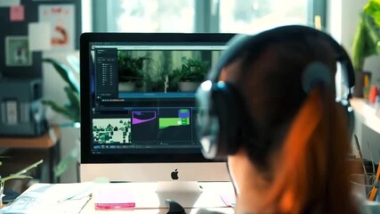 A detailed view of a woman attending a webinar, with headphones on and notes spread out on her desk
