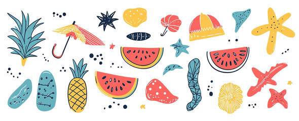 Obraz premium Summer Sketches: Playful Vector Illustration of Vacation Icons on White, Trendy for Banner and T-Shirt Artwork