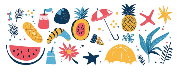 Summer Sketches: Playful Vector Illustration of Vacation Icons on White, Trendy for Banner and T-Shirt Artwork