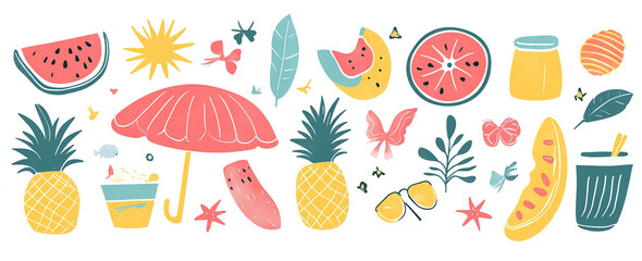 Summer Sketches: Playful Vector Illustration of Vacation Icons on White, Trendy for Banner and T-Shirt Artwork