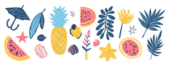 Summer Sketches: Playful Vector Illustration of Vacation Icons on White, Trendy for Banner and T-Shirt Artwork