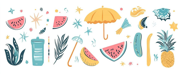 Sun-Kissed Style: Hand-Drawn Abstract Summer Elements and Vacation Motifs, Vector Illustration for Modern and Stylish Artwork Designs