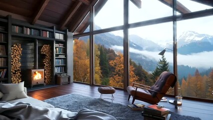 A cozy reading room with a wood stove, bookshelves filled with books, and a comfortable armchair with a soft throw blanket