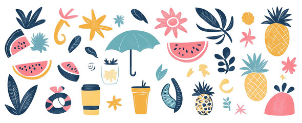 Sun-Kissed Style: Hand-Drawn Abstract Summer Elements and Vacation Motifs, Vector Illustration for Modern and Stylish Artwork Designs