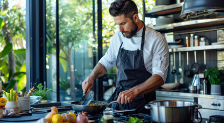 A professional chef was cooking on the stove in an elegant kitchen, surrounded by modern appliances and ingredients