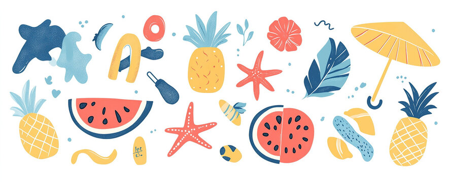 Beach Bash Design Kit: Hand-Drawn Vector Summer Symbols and Elements, Ideal for Trendy Posters, Banners, and T-Shirt Templates