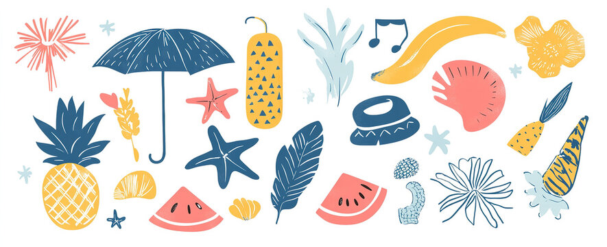 Beach Bash Design Kit: Hand-Drawn Vector Summer Symbols and Elements, Ideal for Trendy Posters, Banners, and T-Shirt Templates