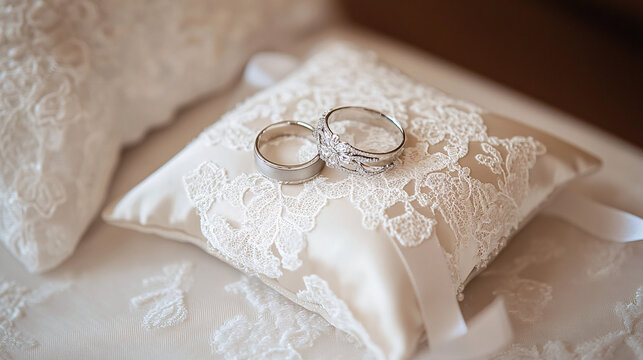 Photography of a detailed view of the wedding bands resting on a satin pillow, with the pillow adorned with lace and ribbon, symbolizing the unity and commitment exchanged during the Wedding 