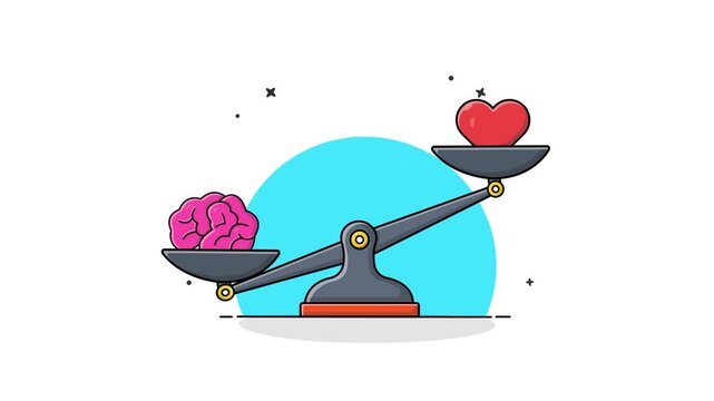 4k Brain and Heart on Balance Scale. Mind Logic and Emotion Concept Animation Video