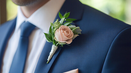 Photography of the groom's boutonniere, featuring a single rose and greenery pinned to his lapel, adding a touch of elegance and tradition to his attire for the Wedding Ceremony 