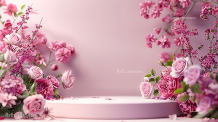 Pink spring table with a Podium background blossom rose product. Valentine's Day field scene gift, purple day romantic, garden rose floral summer background podium cosmetic.