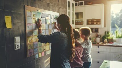 Family using a time management board to organize daily activities.