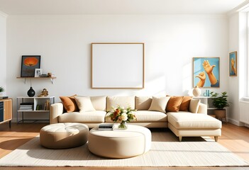 Interior of A minimalist living room with framed empty wall hanging and two white armchairs, a small side table,