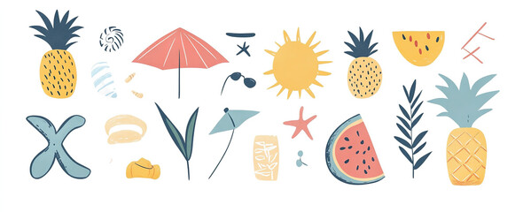 Beach Bash Design Kit: Hand-Drawn Vector Summer Symbols and Elements, Ideal for Trendy Posters, Banners, and T-Shirt Templates