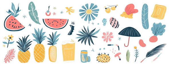 Seaside Doodles: A Fun and Playful Set of Summer Elements and Vacation Icons, Hand-Drawn Vector Illustration for Chic Artwork
