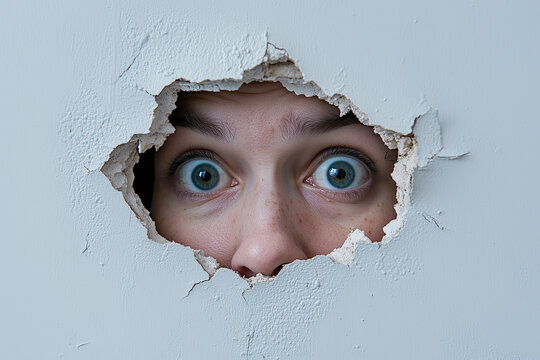 Frau schaut erschrocken durch ein Loch in der Wand