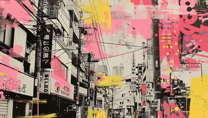 A collage of Tokyo street in a pink and yellow color palette Generative AI