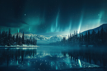 Generative ai on theme of beautiful northern lights, bright aurora borealis winter in atmosphere