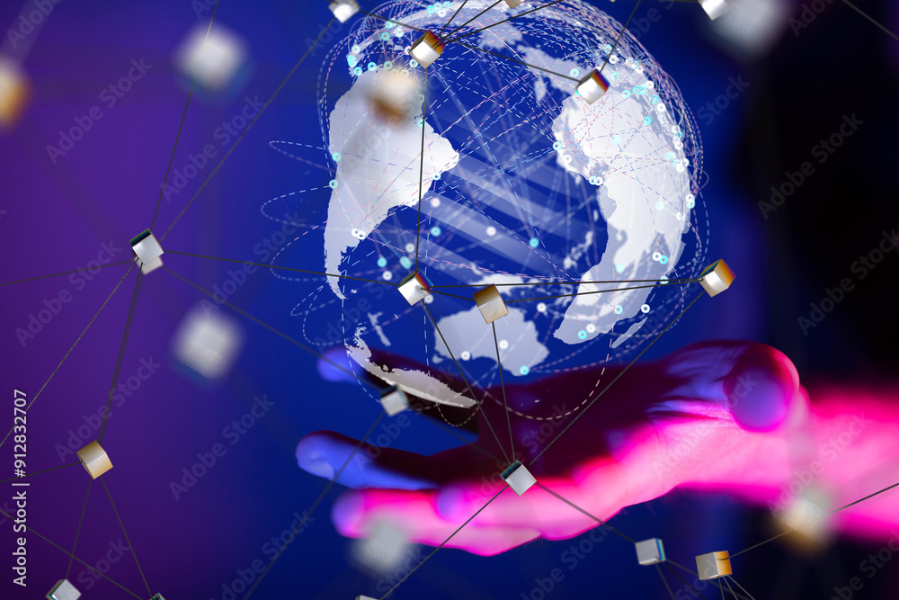 Poster world Global network. Blockchain. 3D illustration. Neural networks and artificial intelligence. Abstract