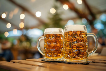 Generative ai on theme of foamy German beer in large glass mug for celebration holiday Oktoberfest