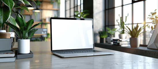 Fototapeta premium A laptop sits on a wooden desk in front of a window with potted plants