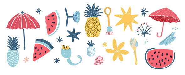  Hand-Drawn Summer Fun: Abstract Elements and Vacation Symbols Vector Illustration, White Background, Trendy Artwork Design for Posters and Apparel