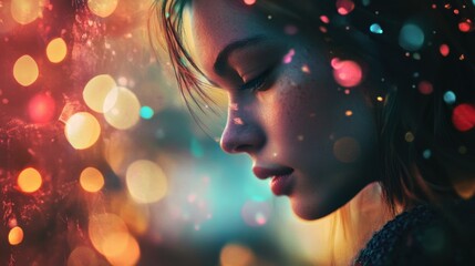 Young woman posing with eyes closed and bokeh lights background
