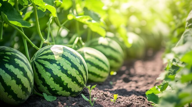 Field planting of citrullus lanatus drone aerial melon tsamma jam video shot, agricultural farm garden farmer fruit tree video shot leaf green farming.