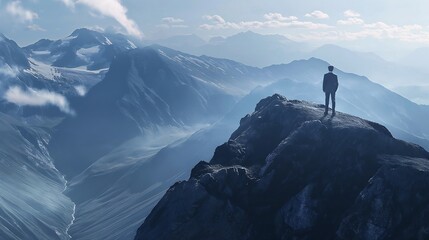 Business meeting taking place on a mountain peak. A lone figure stands on a precipice, looking out over a vast, panoramic view of a mountain range
