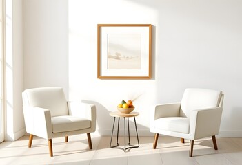 Interior of A minimalist living room with framed empty wall hanging and two white armchairs, a small side table,