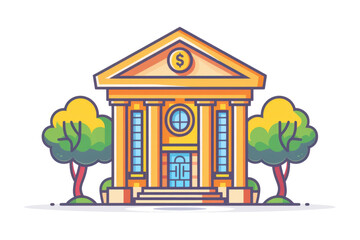 Illustration of a colorful bank building with trees, financial institution concept, cartoon style.
