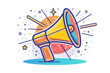 Vibrant illustration of a megaphone symbolizing communication and announcement, with creative colorful elements in the background.