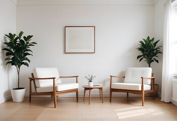 Interior of A minimalist living room with framed empty wall hanging and two white armchairs, a small side table,