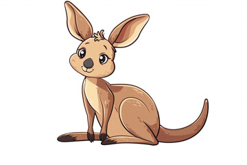 Cute cartoon kangaroo sitting upright with big eyes and large ears on a white background, illustration suitable for kids.