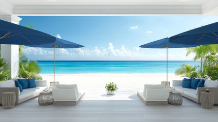A beach scene with two blue umbrellas and several white chairs