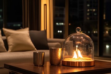 Decorative fireplace burning bio ethanol gas on brown natural oak table with black coach as backdrop. Stock photo.