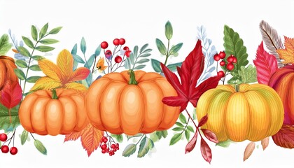 Colorful autumn pumpkins and forest leaves and berries horizontal seamless border. Vector illustration. Isolated on white background. Seasonal fall banner design for greeting or promotion.
