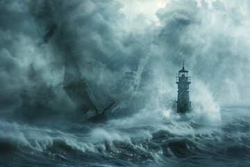 Fototapeta premium Generative ai on theme of large retro lighthouse with beam of bright light shining out to blue sea