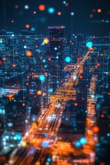 Obraz premium Digital network overlay in a futuristic smart city 