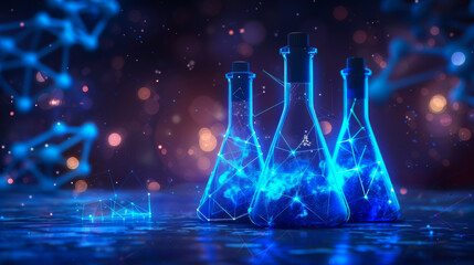 Low poly science chemical glass flasks. Magical equipment polygonal triangle blue glowing research future technology business medicine concept