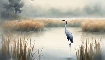 Fototapeta premium watercolor painting. crane standing in the middle of the lake